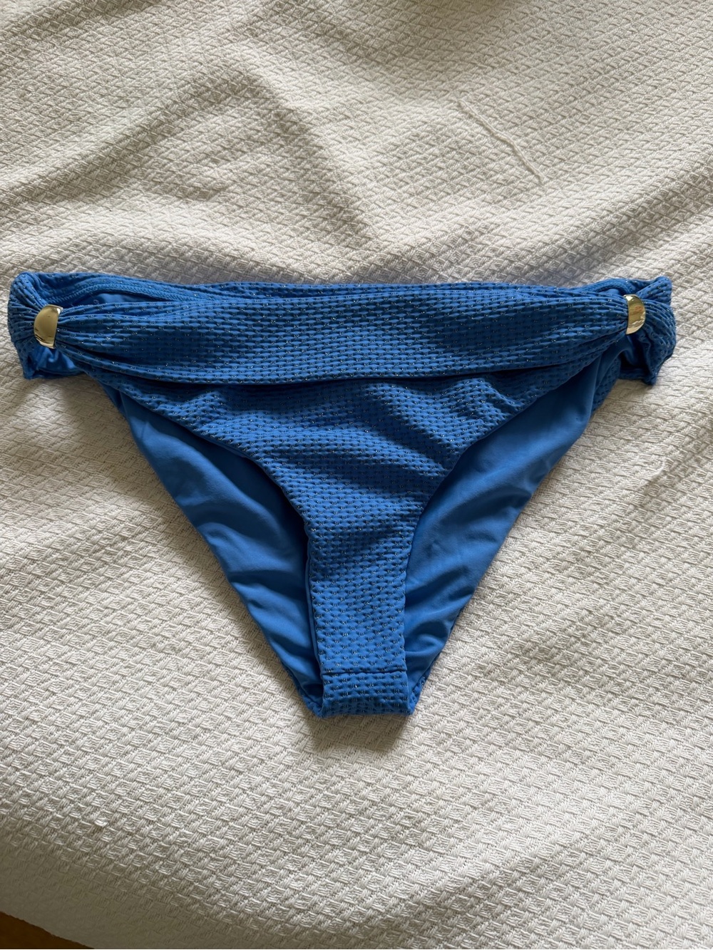 Women's Blue Textured Bikini Bottom with Side Rings by Max Swim. NWOT